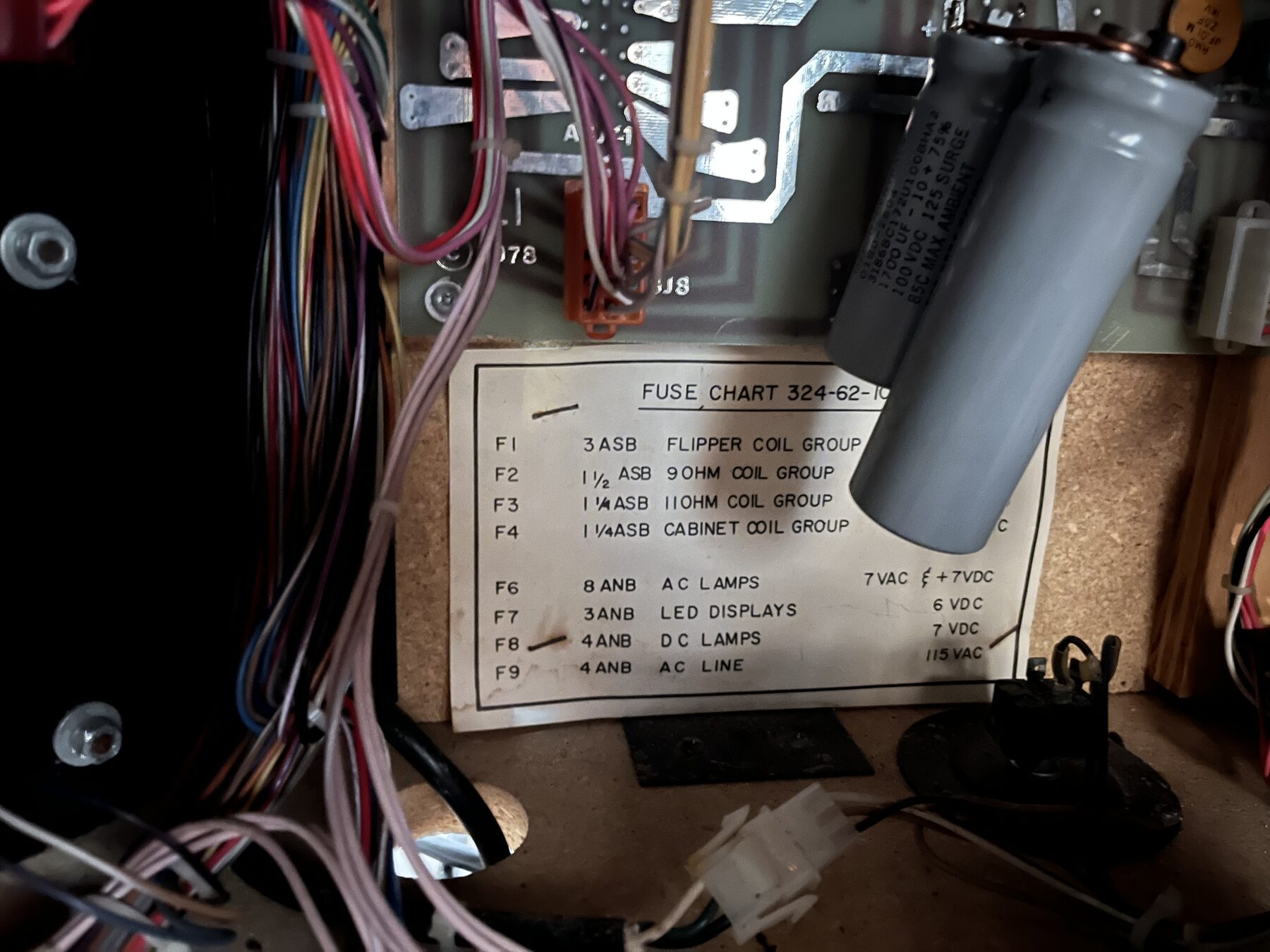 Fuse chart and wiring inside the cabinet